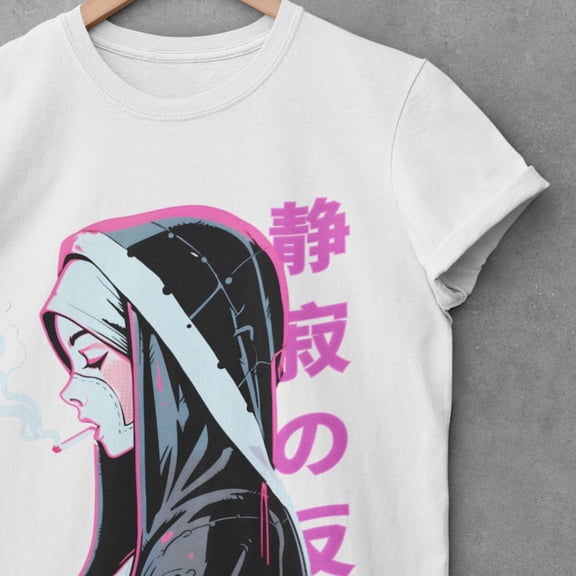 Retro Japanese Punk Graphic T-Shirt, Anime Nun Goth Tee, Harajuku Streetwear Shirt, Oversized Grunge Aesthetic, Unisex Top