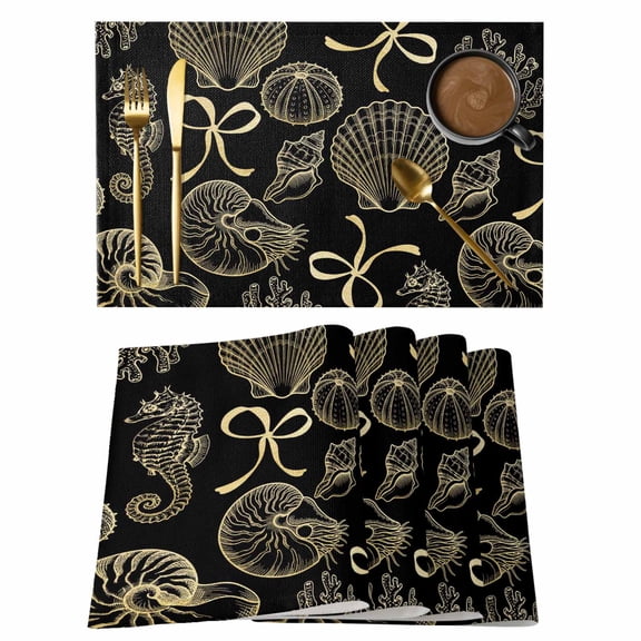 Ocean Conch Shell Placemats Set of 4 Black Coastal Seahorse Coral Yellow Bows Place Mats Indoor Wipeable Table Mats Washable Dining Table Placemats for Kitchen Holiday Party Home Decor 13x19 Inch