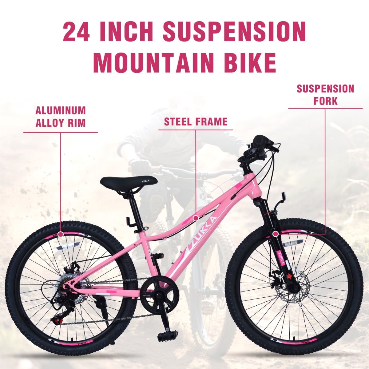 LuckyNote 24 Inch 6-Speed Mountain Bike, Steel Frame, Front & Rear Disc Brakes, Suspension Fork, Pink