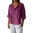 thumbnail image 3 of Womens Button Down Shirts Lapel Short Sleeve Shirt Collared Pocketed Casual Blouses Summer Tops 3/4 Loose And Linen Tops, 3 of 9