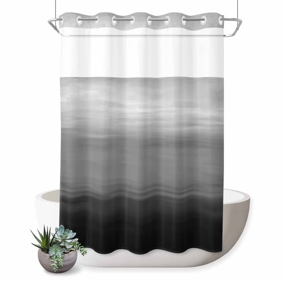 No Hook Shower Curtain, Black Grey Ombre Shower Curtains for Bathroom with See Through Top Window, Modern Abstract Art Texture Waterproof & Washable Bath Curtain 60"x72"