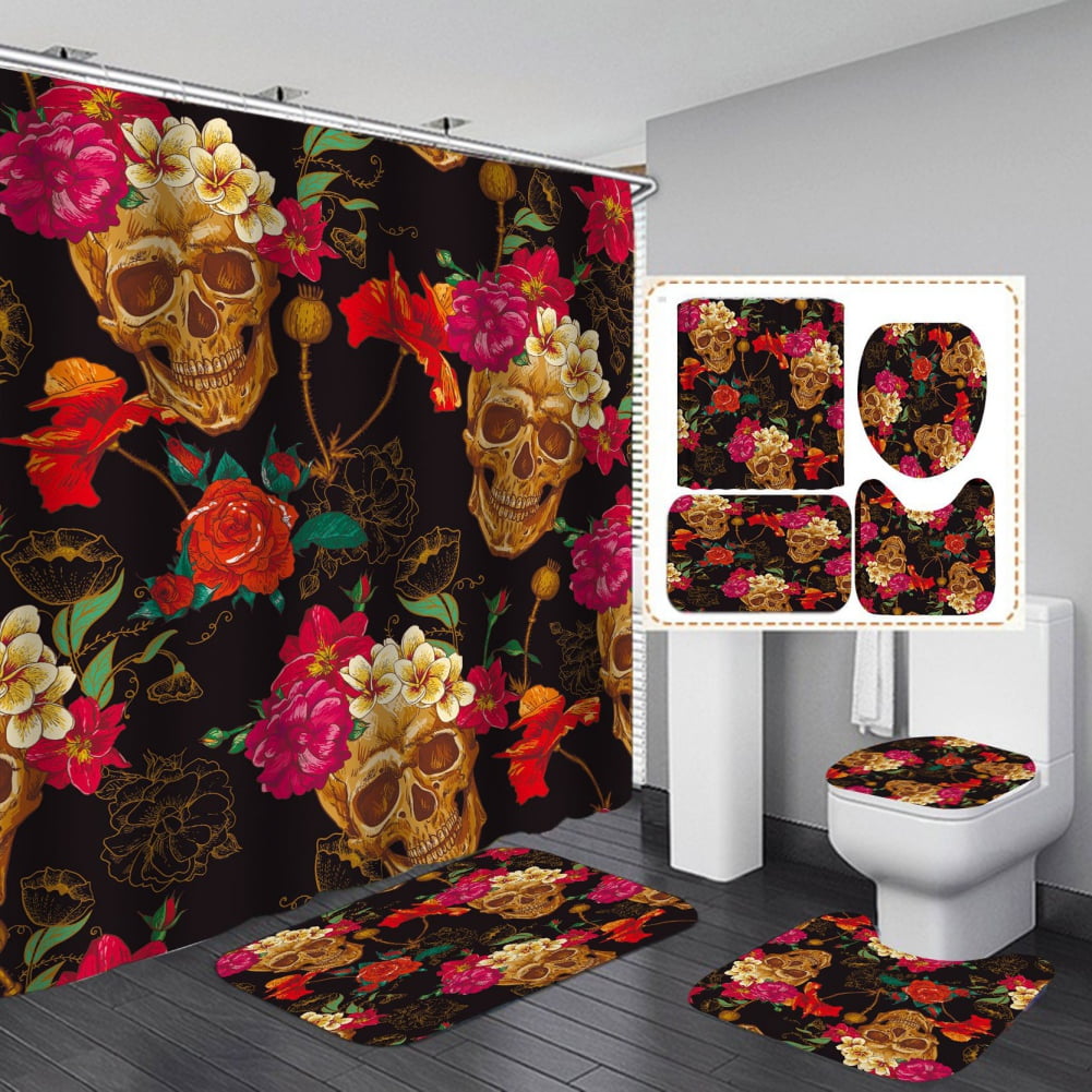 Skull Flower Bathroom Fabric Waterproof Shower Curtain Liner Bath Mat Rugs Set 