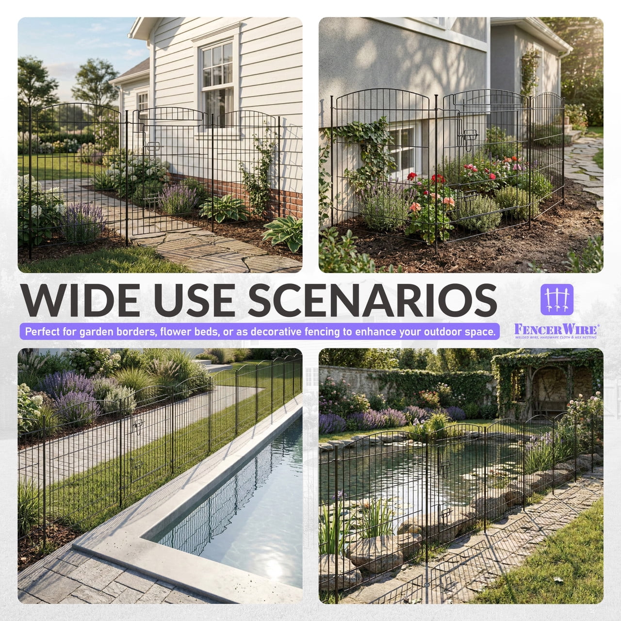FencerWire 11 Panels Decorative Garden Fence with Gate, 29.5"H x 23.6"W No Dig Dog Fence Outdoor for Yard Garden Patio, Arched Rustproof Metal Garden Barrier Border, Temporary Animal Barrier
