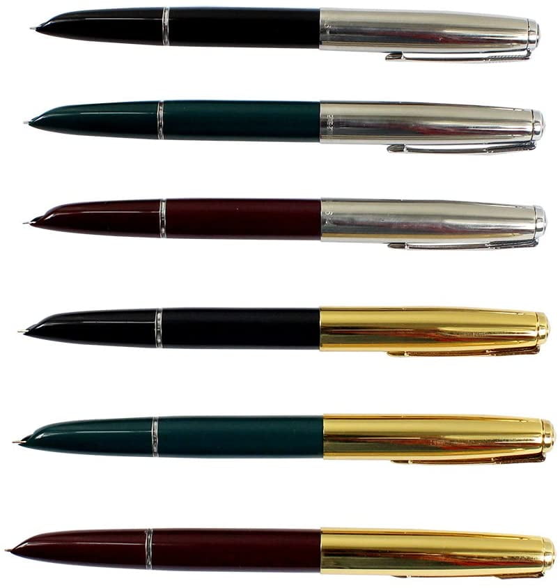 Hero 616 Fountain Pen Set - 6 Pens With Iridium Nib (3 Gold Cap, 3 Silver Cap), 0.5mm Fine