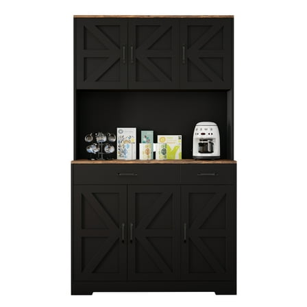 Hersunpl 71" Tall White Pantry Cabinet with Charging Station & Microwave Stand, Farmhouse Kitchen Storage Cabinet with Adjustable Shelves & Drawers Black