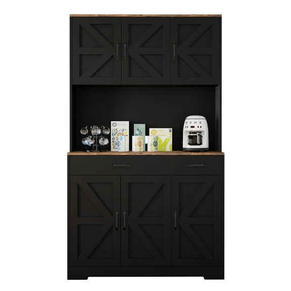 Hersunpl 71" Tall White Pantry Cabinet with Charging Station & Microwave Stand, Farmhouse Kitchen Storage Cabinet with Adjustable Shelves & Drawers Black