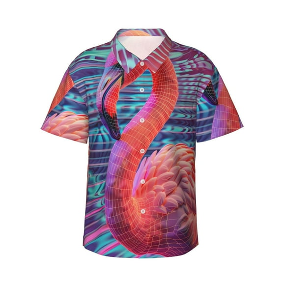 Logiee Digital Flamingo Vibrant Art Print Mens Hawaiian Shirts,Loose-Fit Short Sleeve Button Down Tropical Aloha Beach Shirt,Summer Vacation Wedding Tops,Small