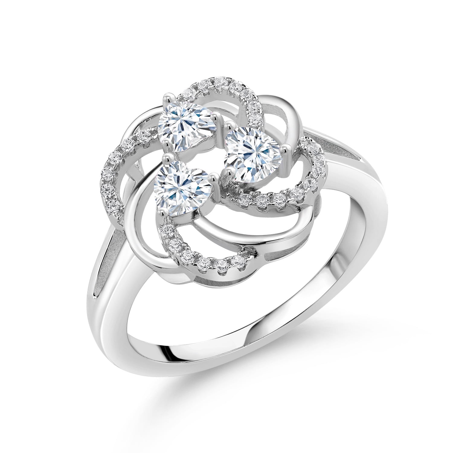 Gem Stone King 925 Sterling Silver Heart White Moissanite 3-Stone Ring for Women (1.01 Cttw, Heart Shape 4MM, Gemstone Birthstone, Size 8)