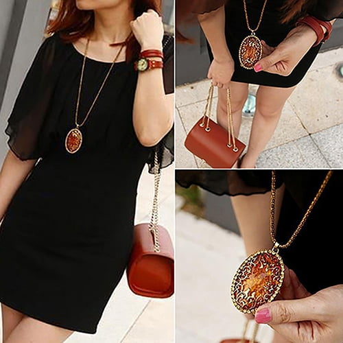 SmartBy Women Vintage Amber Hollow Pendant Necklace Sweater Long Chain Jewelry Gift