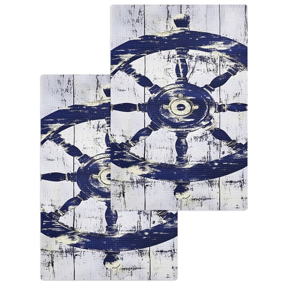 Navy Blue Rudder Coastal Hand Towels Set, Waffle Weave Kitchen Towels 2 Pieces, Nautical Beach Ocean Retro Microfiber Hair Face Bath Tea Towel Absorbent Quick Drying Cleaning Dish Cloths, 15.7"x23.6"