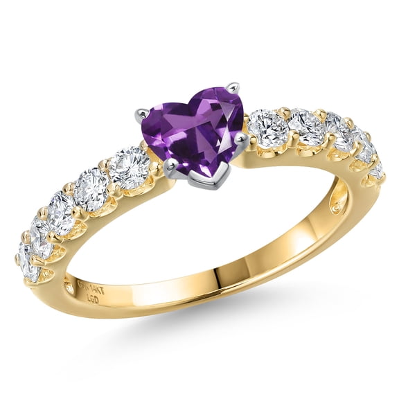 Gem Stone King 14K Two Tone Gold Purple Amethyst and Lab Grown Diamond Engagement Ring for Women | 1.07 Cttw | Heart Shape 5MM | Gemstone February Birthstone | Size 9