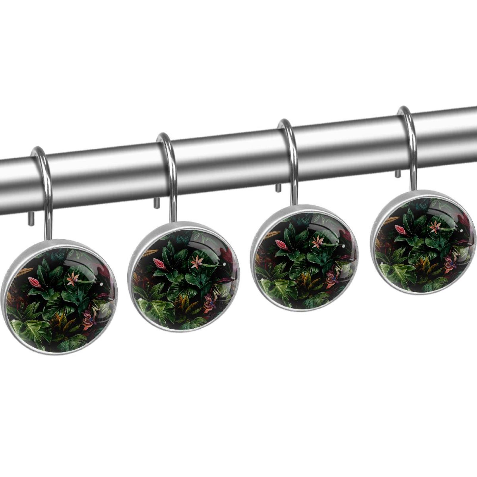 HemaKayy 12 Pcs Decorative Shower Curtain Hooks - Stainless Steel Rings for Bathroom Décor - Easy Glide & Secure Hold - Perfect Decoration for Bathroom Shower Rods - Tropical Plants