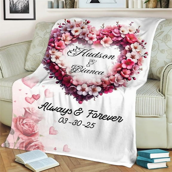 Personalized Wedding Anniversary Blanket – Custom Couple Names & Date – Romantic Heart Floral Throw for Wife, Husband, Valentine’s Gift, Christmas Gift – Fleece - 60x80