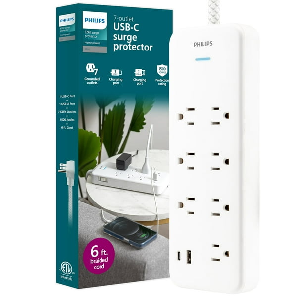 Protector contra sobretensiones Philips SPP3983W/37, 7 salidas 1500J con USB