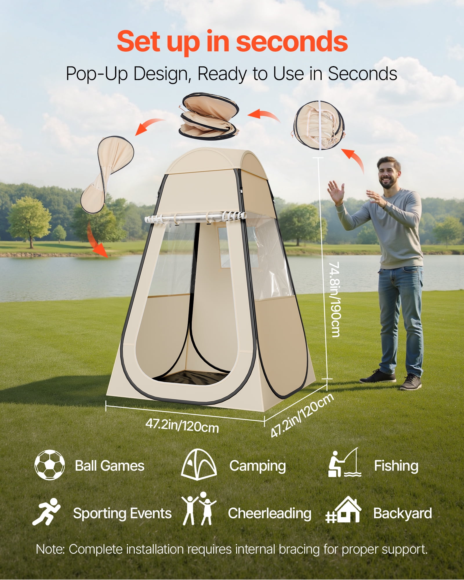 VEVOR Pop up Sports Tent, 47x47 in Clear Bubble Tent for 1 Person, Waterproof Outdoor Pod with Floor Mat & Top Cover, Garden Igloo Dome Tents Camping Shelter for Events Fishing Cheering