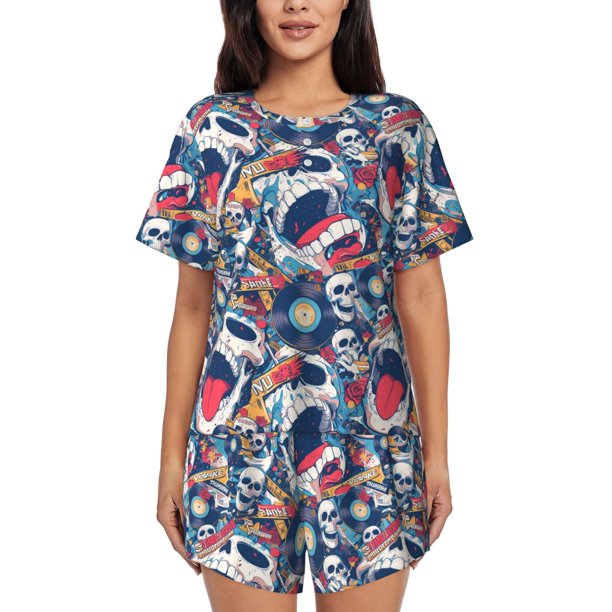 Fotbe cool rock Skull Conjunto de Pijama Estampado para Mujer, 2 Piezas, Ropa de Dormir con Camiseta de Manga Corta y Shorts Suaves-Medium