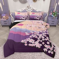Manfei Tokyo Blossoms Flower Queen Comforter Set, Japanese Mount Fuji Bedding Sets, Teens Kids Boys Girls Reversible Bedding Comforter Set, Ultra Soft Bedroom Decor, 3 Pieces