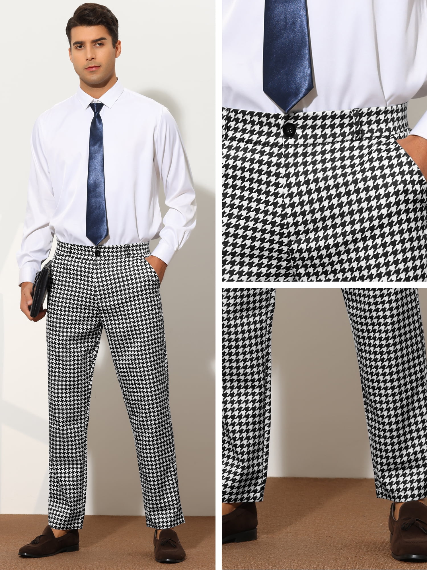 Unique Bargains Men's Houndstooth Pattern Pants Slim Fit Business Plaid Dress Trousers 38 White Black