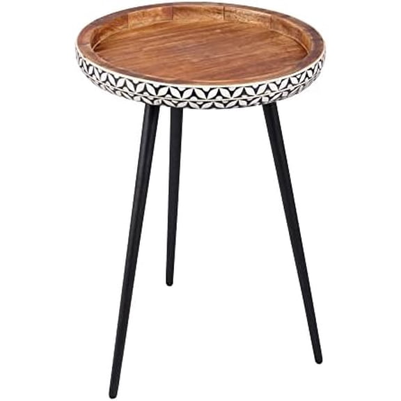 Handmade Natural Bone Inlay Round Side Table - Iron Legs, 16" Dia x 20" H Mango Wood Accent & Bedside Table
