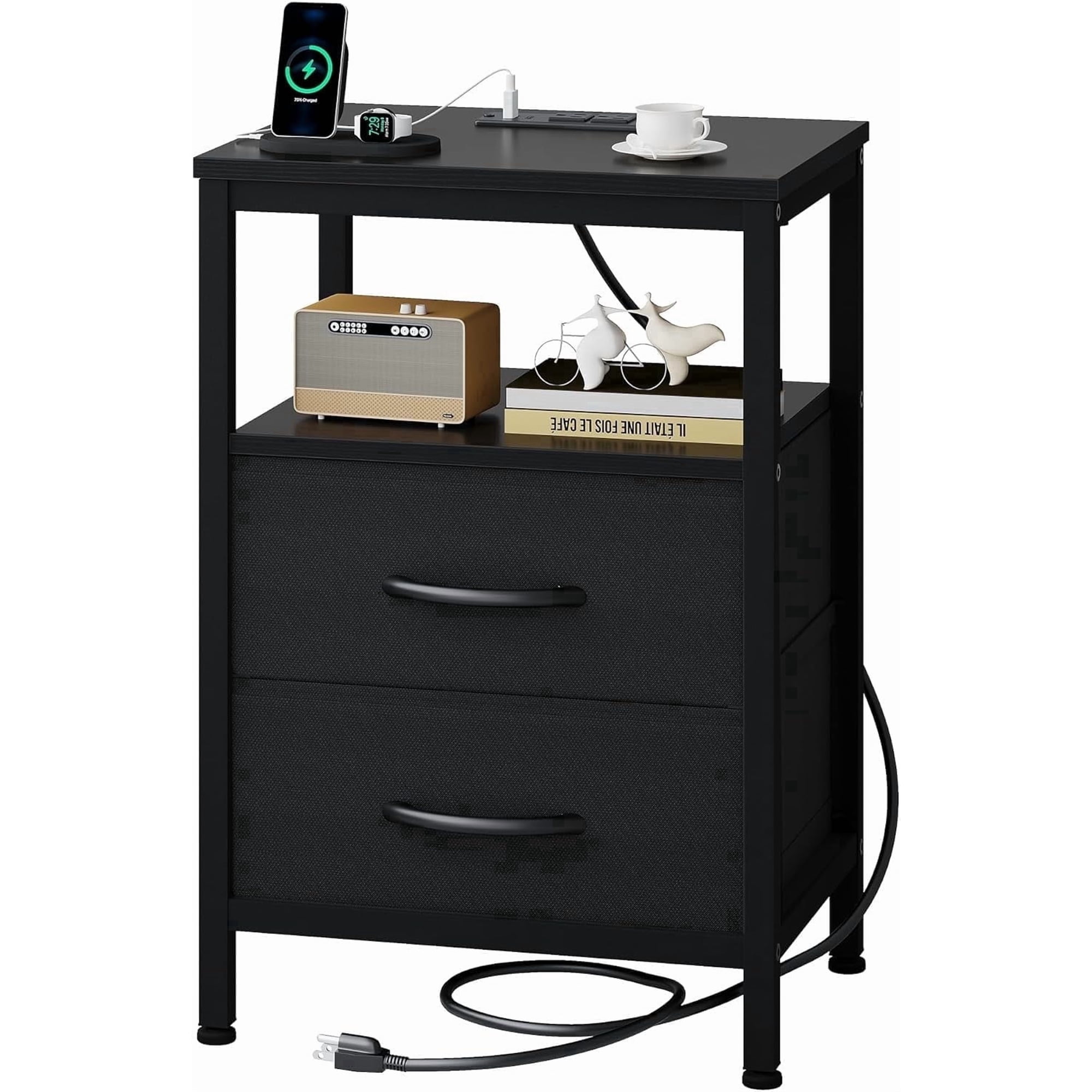 SWEETCRISPY 2-Drawer Nightstand with Charging Station, USB & Type-C Ports, Adjustable Fabric Drawers, Sturdy Metal Frame, Space-Saving Design for Bedroom & Living Room,Black