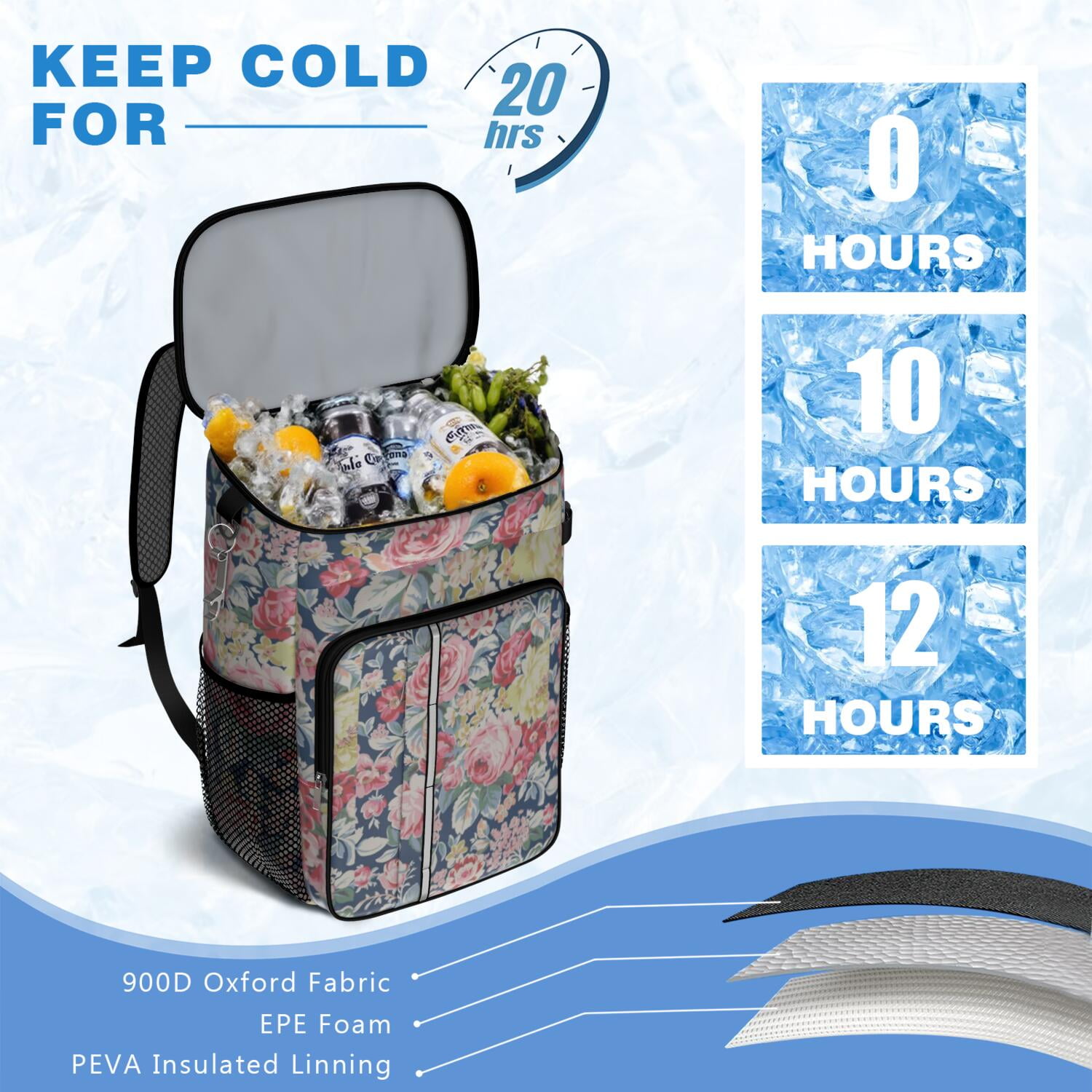 Travel Cooler Bag - Pioneer Flower Floral Print Pattern Camping Beer Cooler Backpack with Bottle Opener- Waterproof Insulated Picnic Backpacks - Cooler Bag for Beach