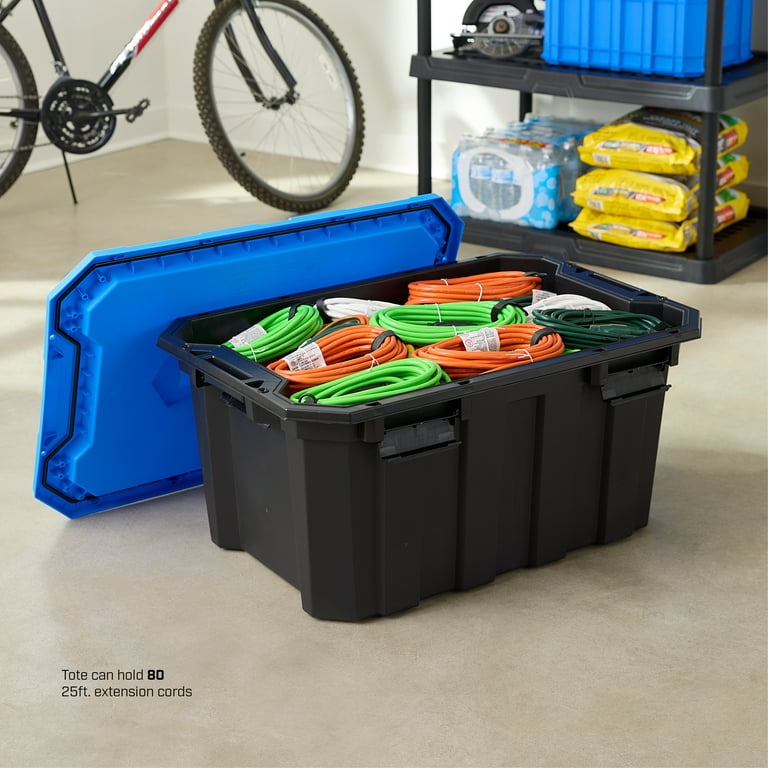 HART 12 Gallon Latching Plastic Storage Bin Container, Black with Blue Lid,  Set of 4
