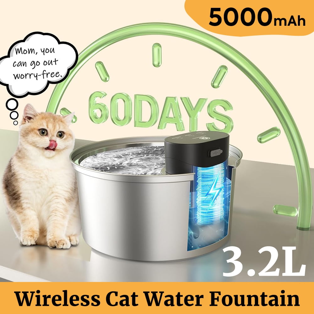 PEPWELL 3.2L Wireless Cat Water Fountain - 5000mAh Rechargeable Battery, 3 Working Modes, 304 Stainless Steel, 5-Layer Filtration, Quiet Operation for Indoor Cats & Dog