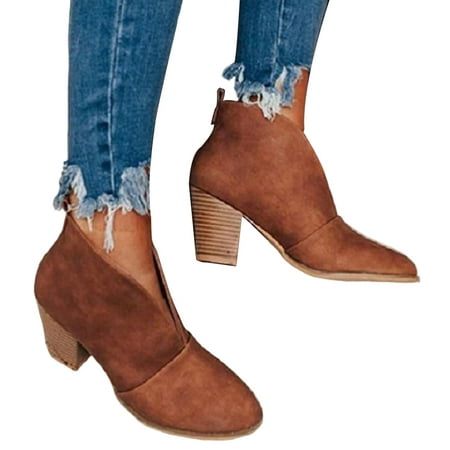 

Fall Leather Heel Booties Low Chunky Heel Booties Slip-on Shoes for Halloween Thanksgiving Christmas Gifts 36 Black