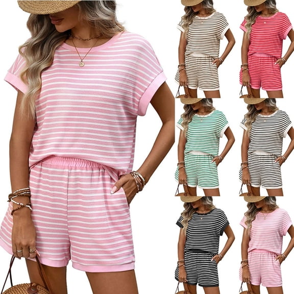 MaFYtyTPR Two Piece Sets for Women Summer Casual Striped Shorts Crew Neck Short Sleeve Tops Women's 2 Piece Outfits Lounge Sets 01-Hot Pink L