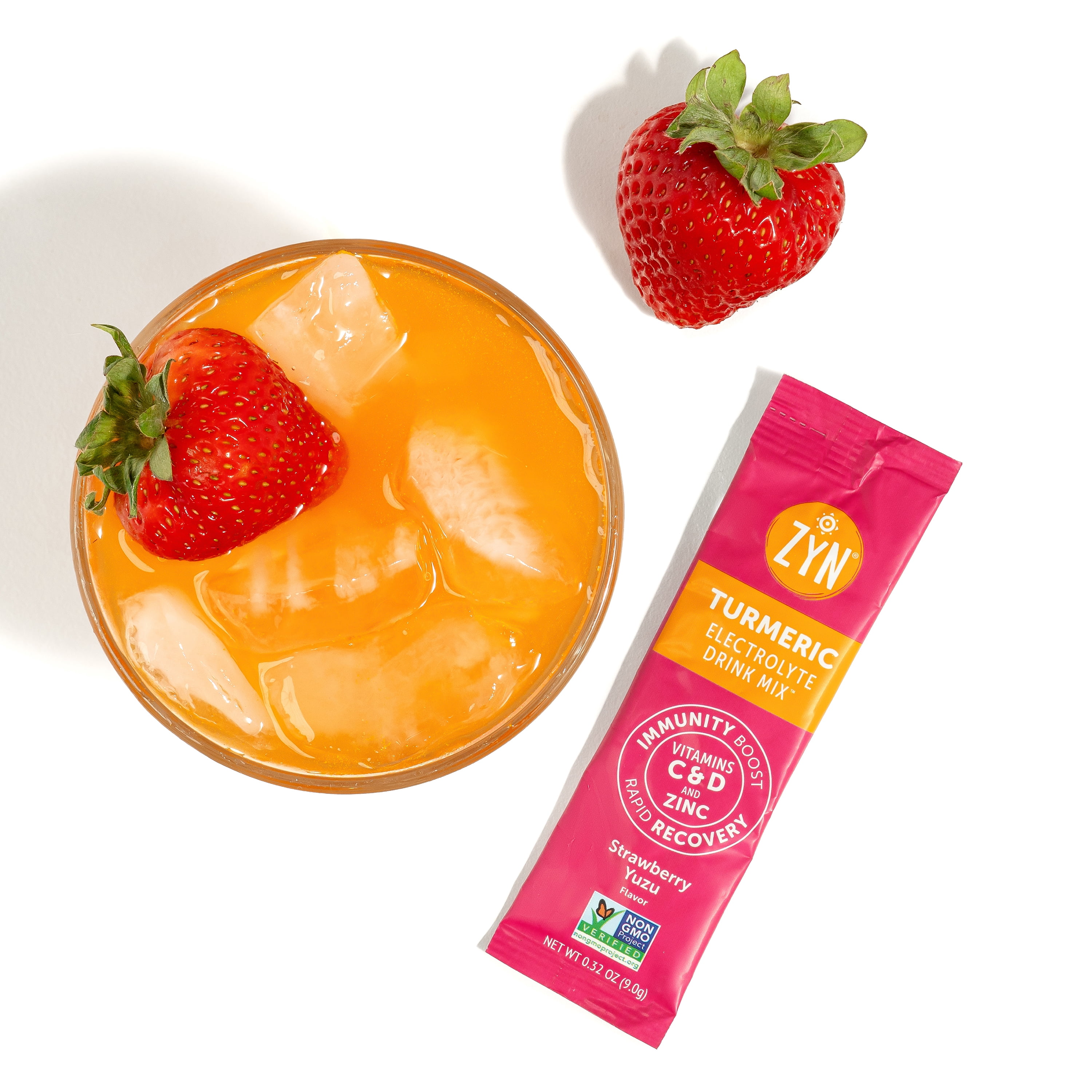 ZYN Electrolyte Drink Mix Hydration Packets, Strawberry Yuzu Electrolytes Powder, Hydration Packets w/Turmeric Curcumin, Vitamin C & D, Zinc, Hydrate & Recover Electrolyte Powder, Pack of 16
