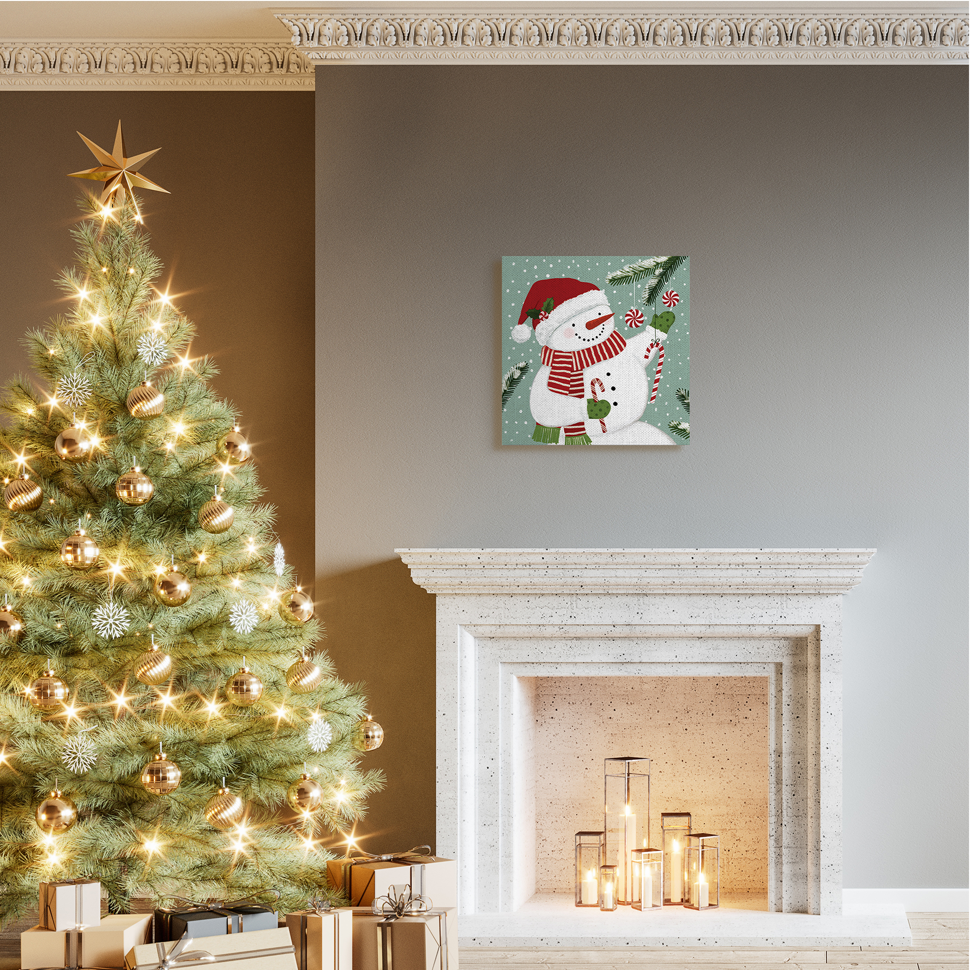 Stupell Industries Candy Cane Snowman Peppermint Winter Ornaments Holiday Painting Gallery Wrapped Canvas Art Print Wall Art, 24 x 24