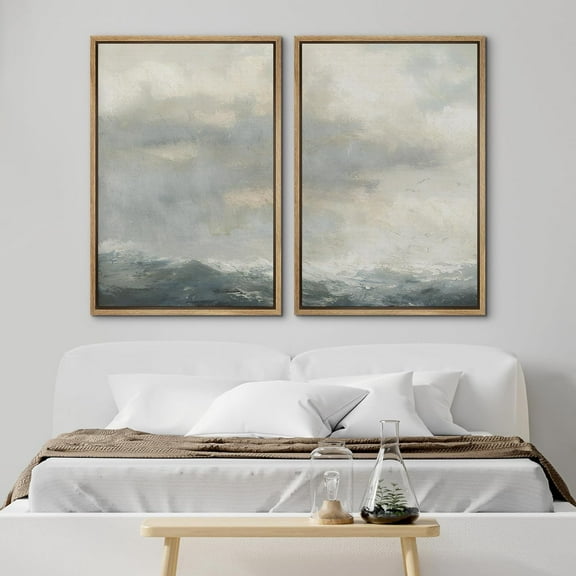 PixonSign Framed Wall Art Set Watercolor Abstract Ocean Landscape Canvas Prints Abstract Pastel Coastal Modern Art Decoration Minimalist for Living Room, Bedroom, Office - 16"x24"x2 Natural