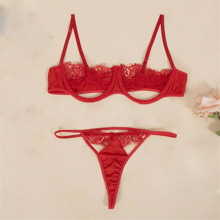 Womens Lingerie See-Through Lace Stitching Sling Split Underwear Push Up Bra  and Panty Sets for Women Red S 