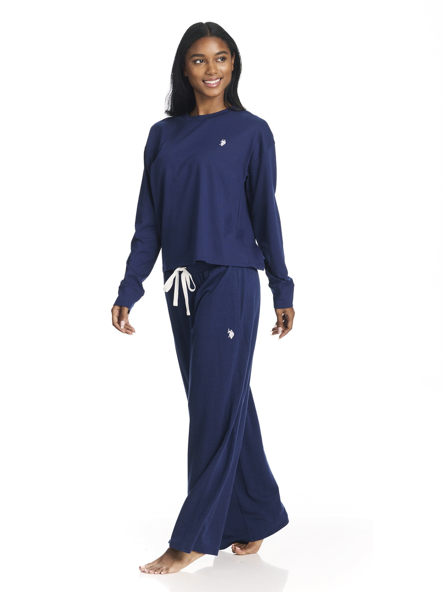 U.S. Polo Assn. Women's Long Sleeve Cotton Span Top and French Terry Wide Leg Pant Pajama Sleep Set, 2-Piece, Sizes S-3X