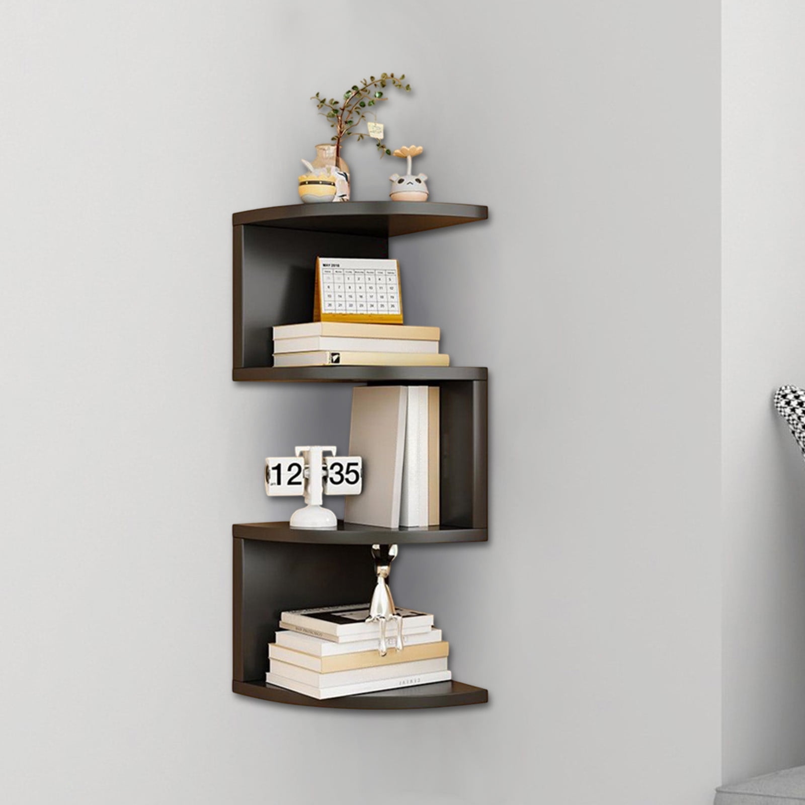 Corner Shelf Wall Mount, 4-Tier Floating Corner Bookshelf with Rounded Edge, Plant Shelf for Bedroom, Living Room, Bathroom, Home Office, Black