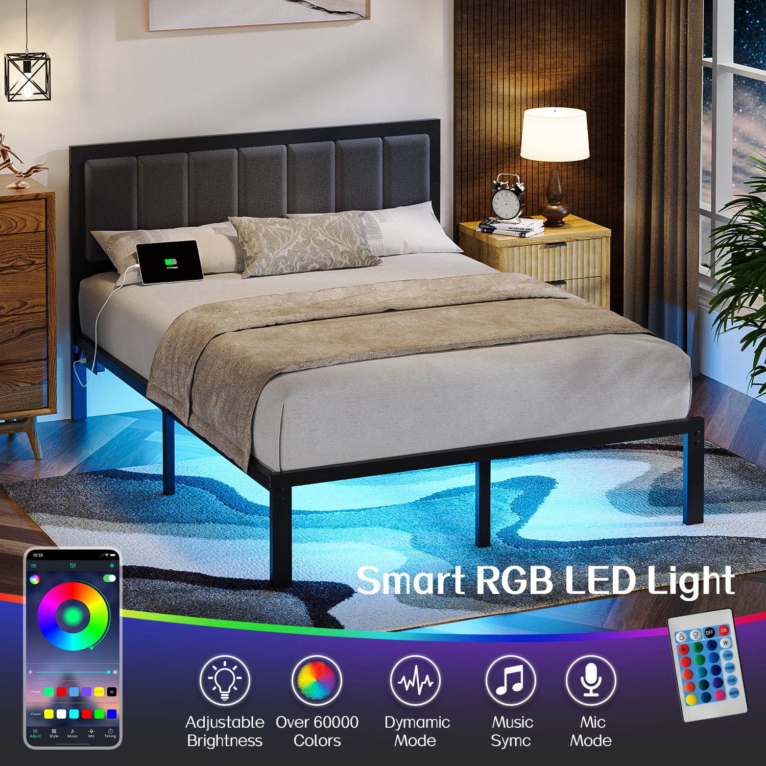 Kbun Queen Bed Frame with Headboard, Outlets and LED Lights, Heavy Duty Metal Platform with Storage Space Under Frame, No Box Spring Needed, Noise Free, Gray