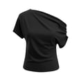 thumbnail image 4 of SROBPTY Womens T-Shirts Solid Crew Neck Short Sleeve Off Shoulder Asymmetrical Loose Breathable Summer Tops for Daily Wear, 4 of 4