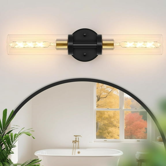 2-Light Bathroom Vanity Lights Over Mirror, Black and Gold Sconces Wall Lighting with Clear Glass, Vanity Wall Lights for Bathroom, Modern Sconces Wall Decor for Bedroom, Living Room (1-Pack)