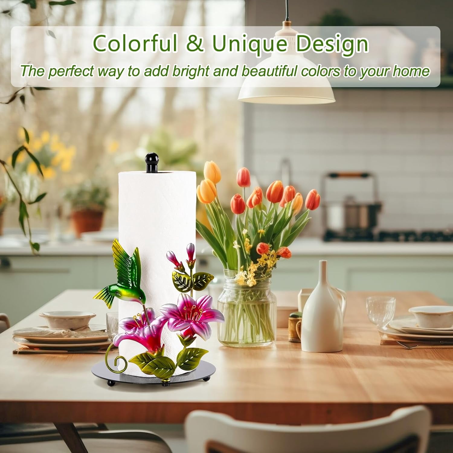 ThrottleT - Flower & Hummingbird Decor Paper Towel Roll Holder Countertop - Farmhouse Kitchen Decor and Accessories, Hummingbird Housewarming Gifts for Women Mom Grandma, Weighted Base