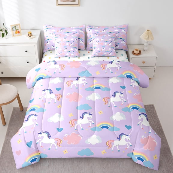 Castle Fairy Kawaii Unicorn Twin Bedding Sets,Floral Love Heart Bedding Comforter Set