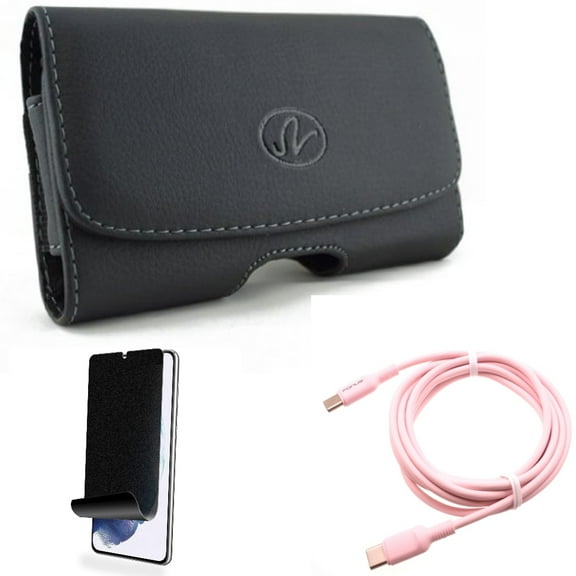 For Samsung Galaxy S21 (6.2") - [Fingerprint Works] TPU Film Privacy Screen Protector   PD Fast Charger USB-C to Type-C Pink 10ft Long Cable   Swivel Leather Case Belt Clip