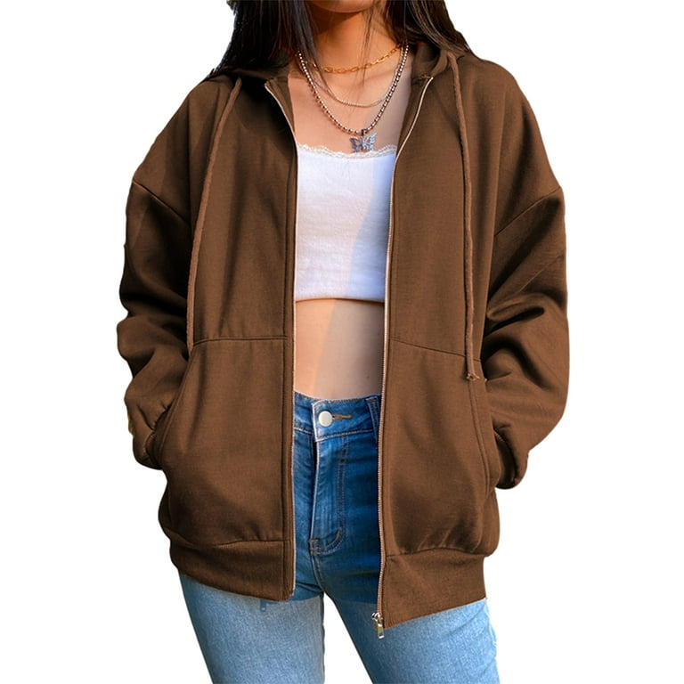Hirigin Women's Y2K Hoodie Oversized Solid Sweatshirt Full Zip Hooded  Jacket E-Girl Streetwear