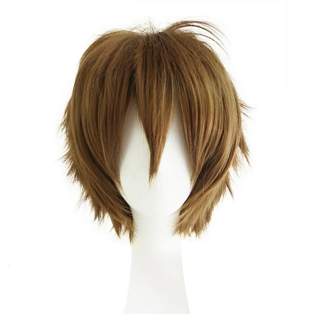 Peluca sintética corta para cosplay, 25 cm, con capas despeinadas, color marrón