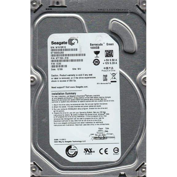 ST1000DL002, W1V, WU, PN 9TT153-519, FW CC3C, Seagate 1TB SATA 3.5 Hard Drive