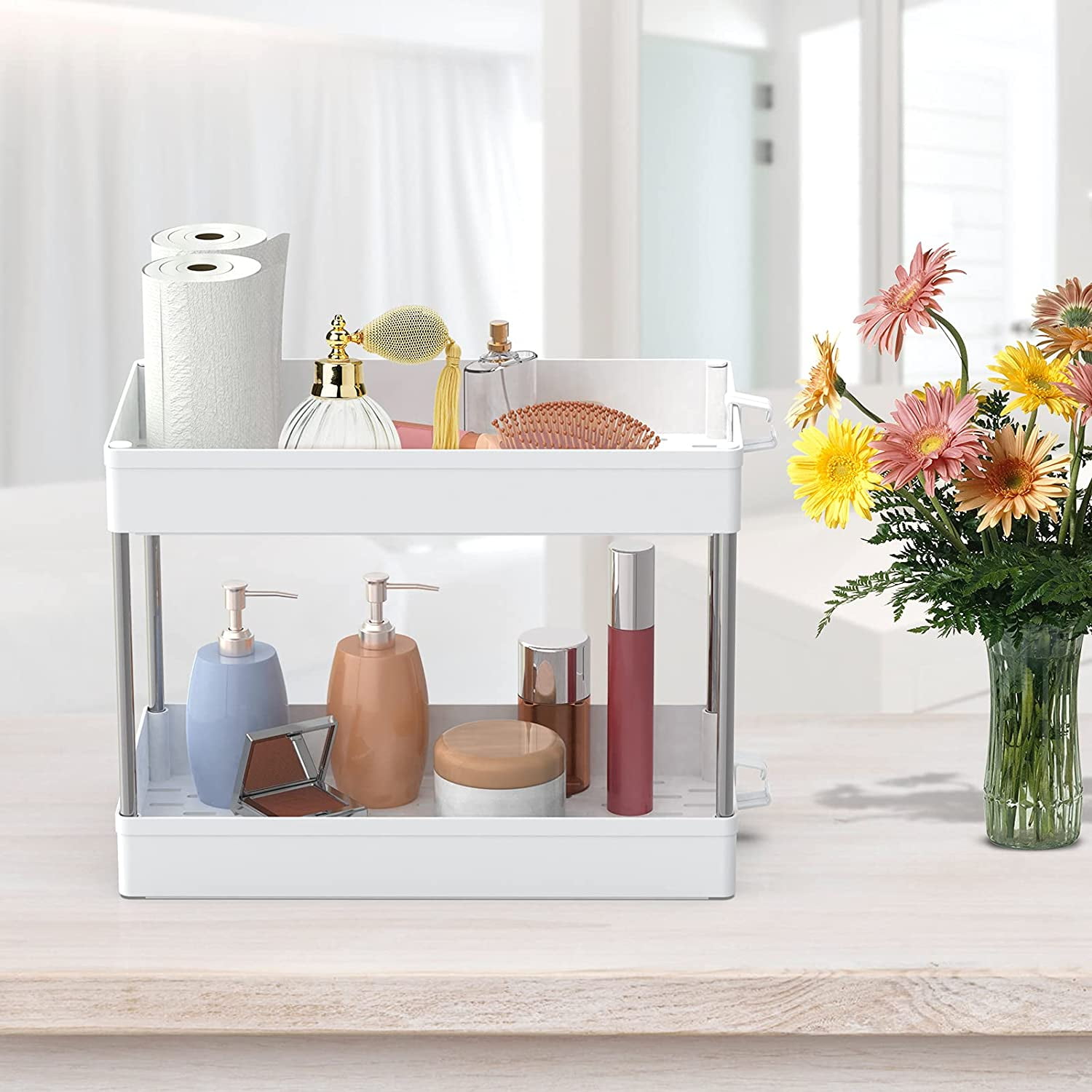 Under Sink Organizer 2 Tier Under Sink Storage Organizer Bathroom Standing Rack Bath Collection Slide out Baskets with Hooks Multi purpose Storage Shelf for Bathroom Kitchen White Walmart
