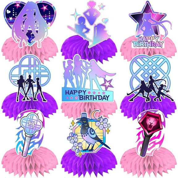 9pcs Demon of Hunterr Birthday Party Decorations Honeycomb Centerpieces 3D Double Sided Magical Music Themed Table Decorations for Birthday Party Supplies Decor