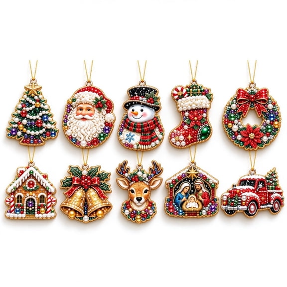 ALOEWXXR Set of 10 Christmas Pearl Diamond Art Hanging Ornaments, DIY Holiday Craft for Christmas Tree Decor