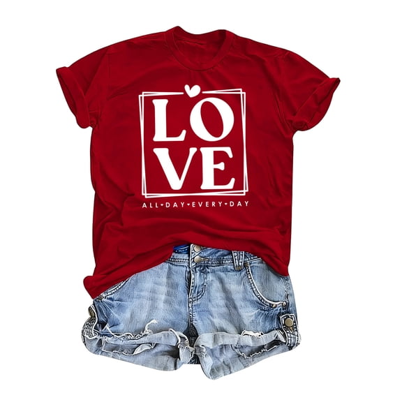 Fewfanhot Womens Tops Love Shirt Causl Loose Short Sleeve Letter Heart Graphic Tee Summer Tops