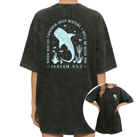 Cozymy Back Ocean Wildlife Whale Shark Circle Scripture Christian Women Vintage Washed T-Shirt Short Sleeve Loose Tops