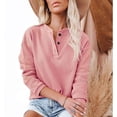 thumbnail image 3 of Blusa elegante de color rosa con escote en V y manga larga, con detalle de botones y corte relajado para mujer, 3 of 6